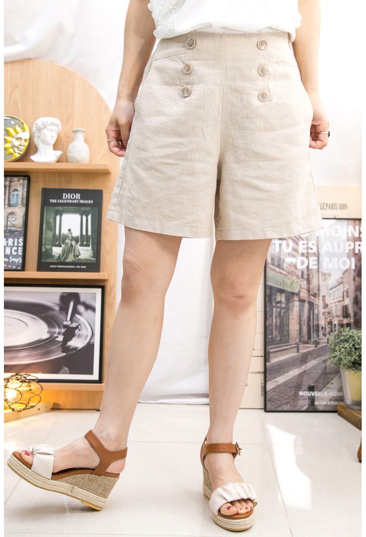 2315-1103A - 氣質感 -後腰橡根 ‧ 前幅釘鈕 ‧ 麻棉料短褲 (韓國) 